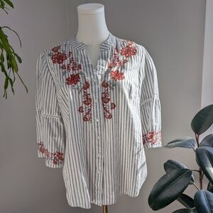 White And Gray Striped Button Up Top with Red Floral Embroidery 100% Cotton